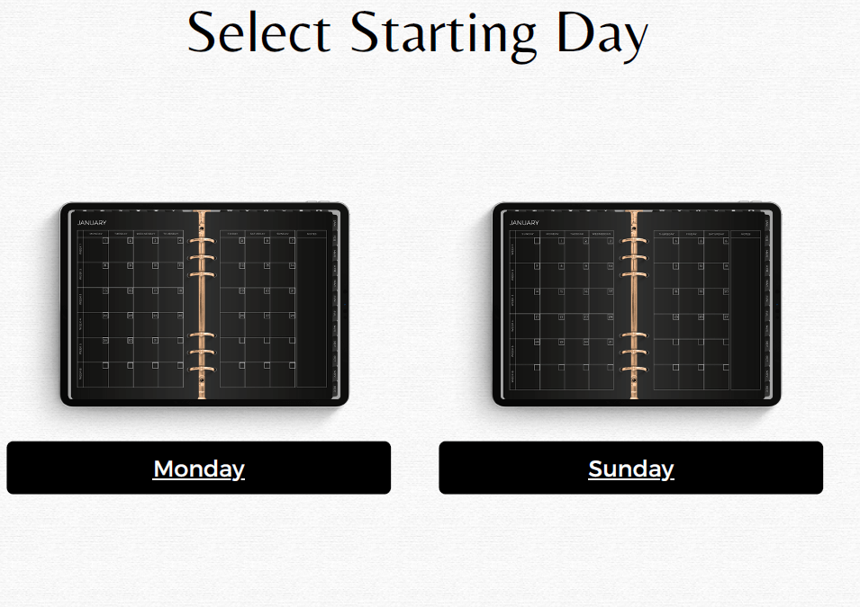 ARTYSIA - Life Planner Black edition interface showing options to select starting day: Monday or Sunday.