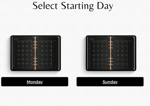 ARTYSIA - Life Planner Black edition interface showing options to select starting day: Monday or Sunday.