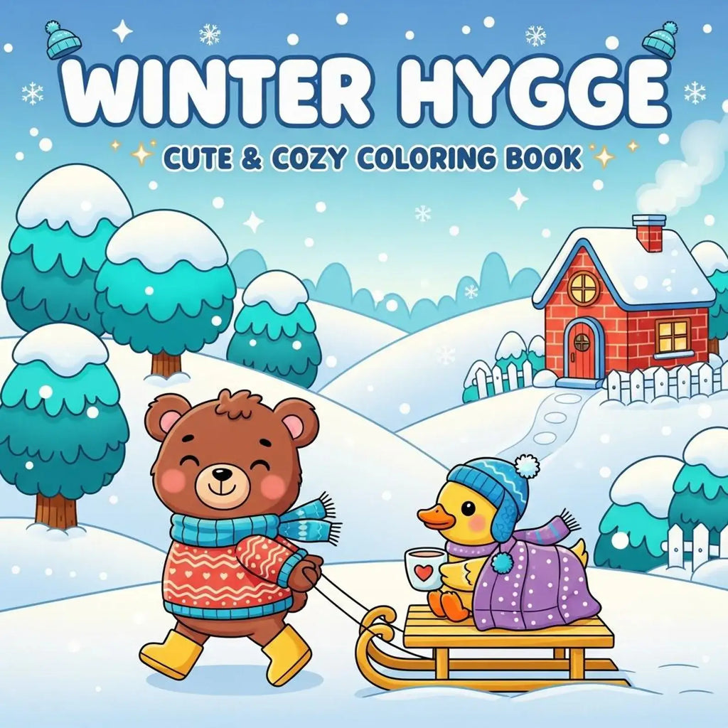 Winter Hygge Libro da Colorare cover featuring a bear and duck in a snowy landscape with a cozy house.