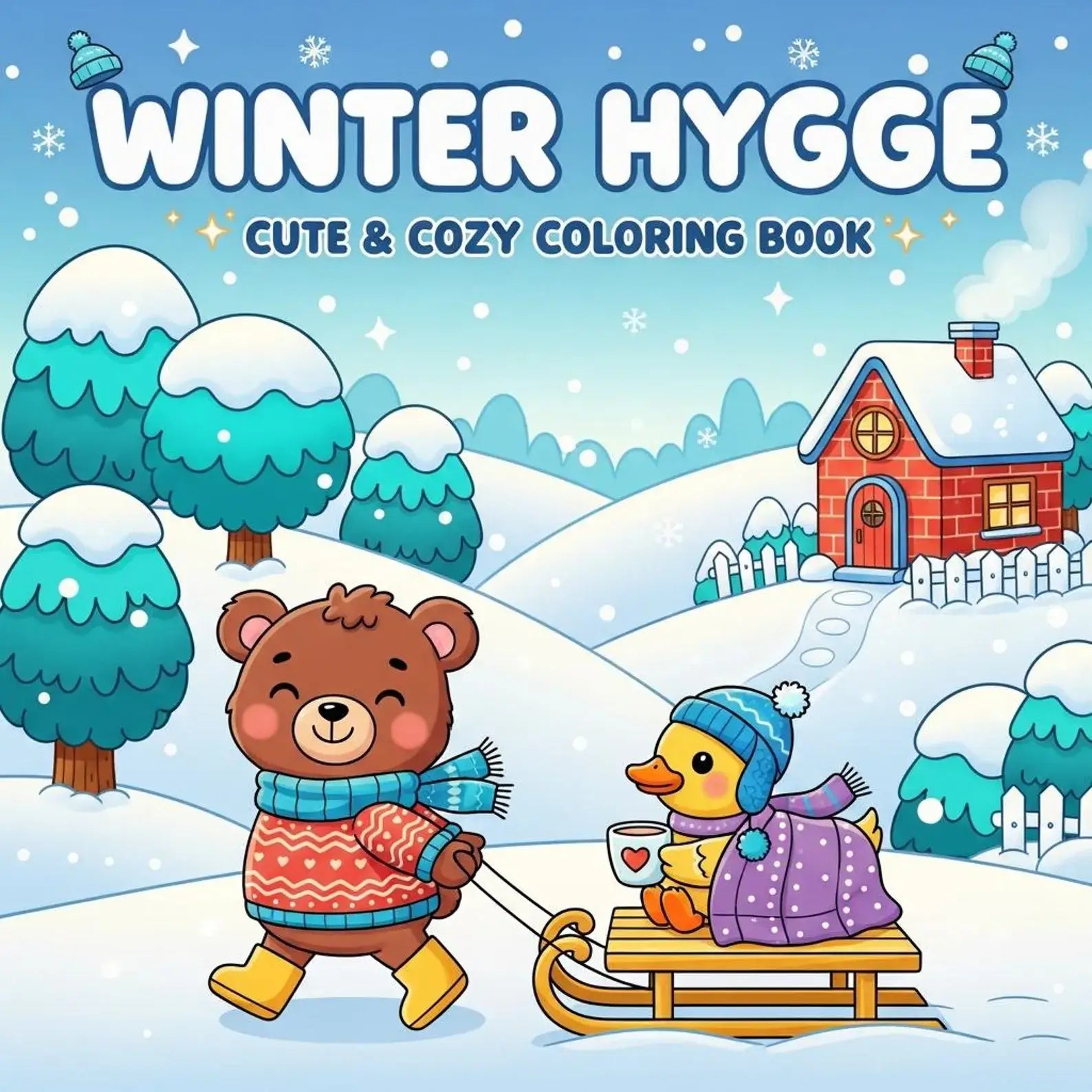 Winter Hygge Libro da Colorare cover featuring a bear and duck in a snowy landscape with a cozy house.