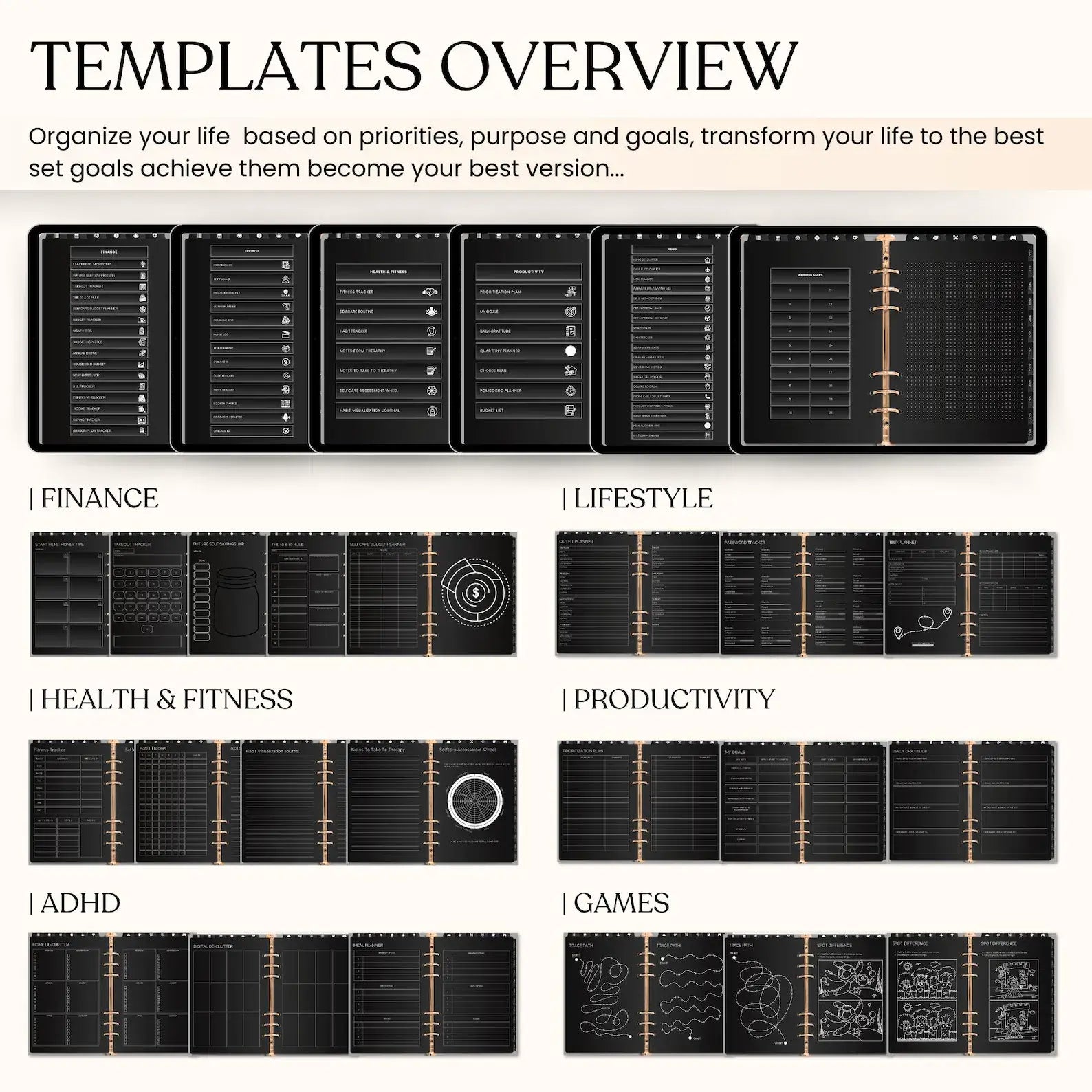 ARTYSIA - Life Planner Black edition templates overview for finance, lifestyle, health, productivity, ADHD, and games.