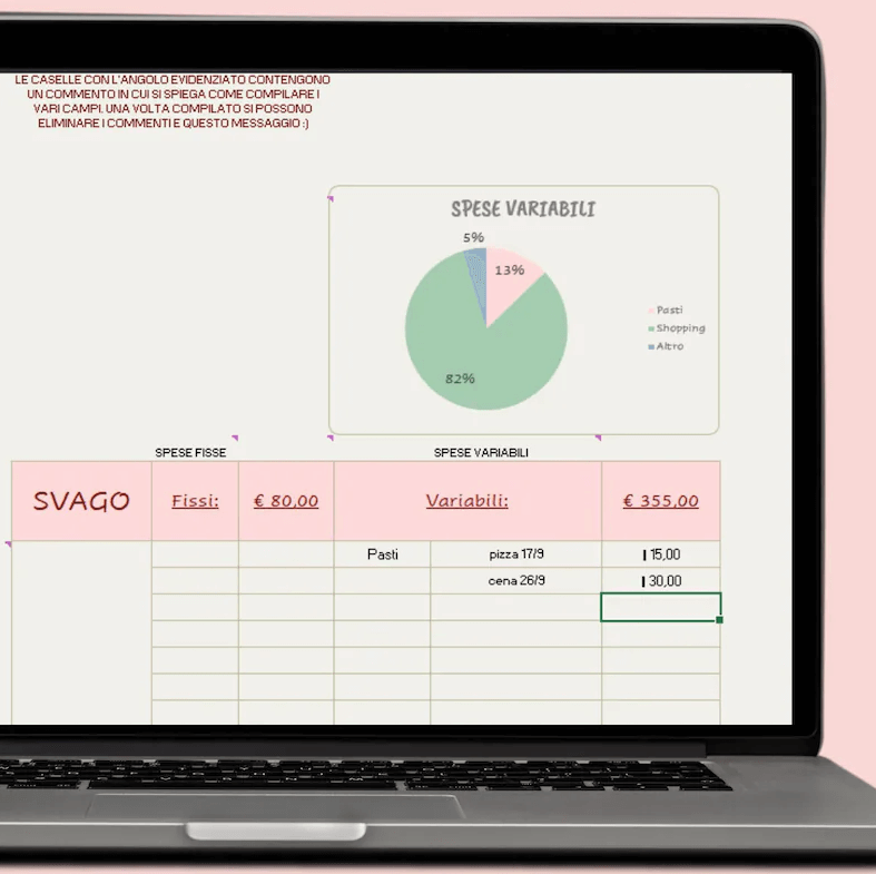 Financial planning spreadsheet with savings tracker and expense breakdown chart