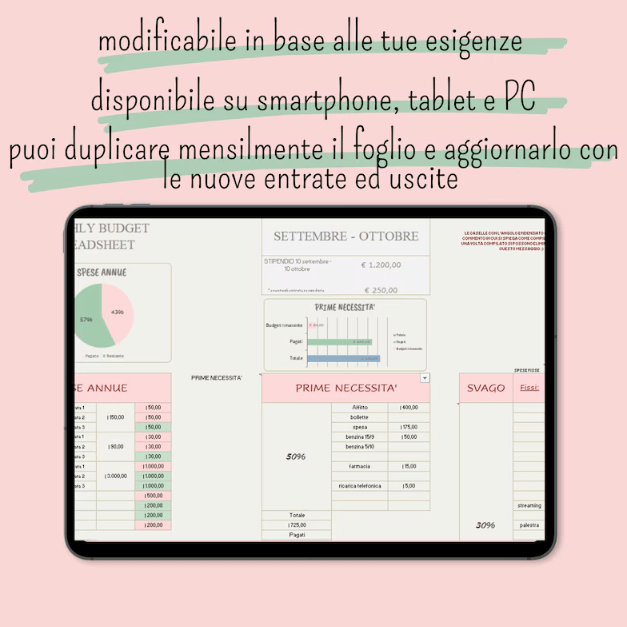 Financial planning spreadsheet template displaying income, expenses, and budget summary