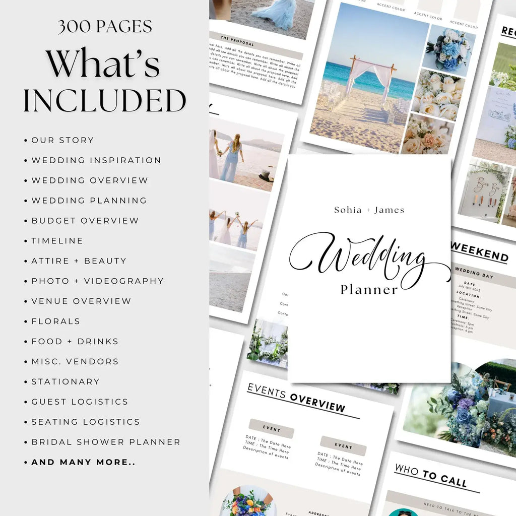 ARTYSIA - Wedding Planner layout showcasing 300 pages of included planning details and timelines.