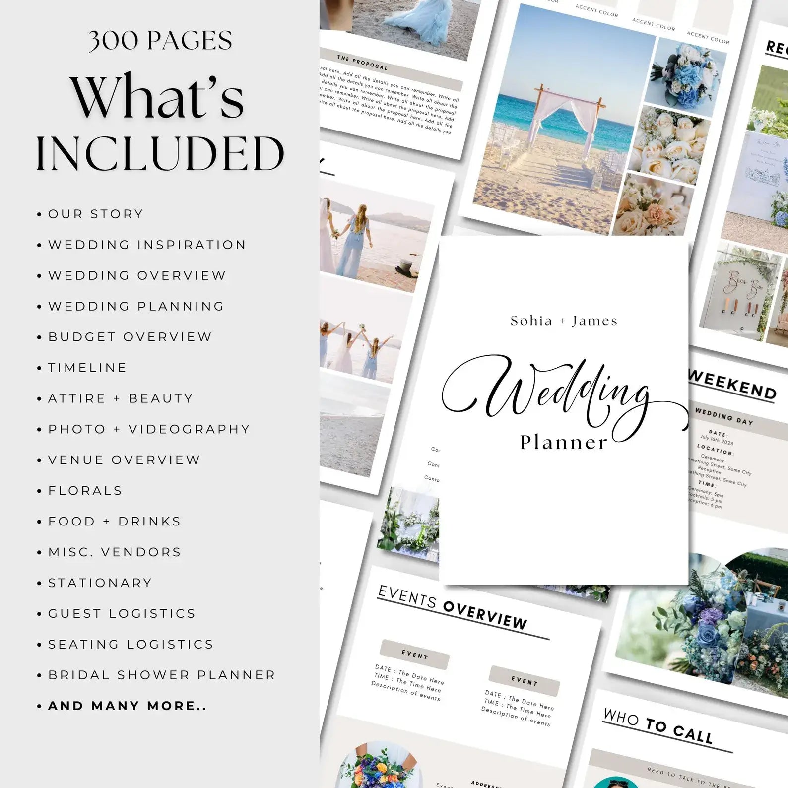 ARTYSIA - Wedding Planner layout showcasing 300 pages of included planning details and timelines.