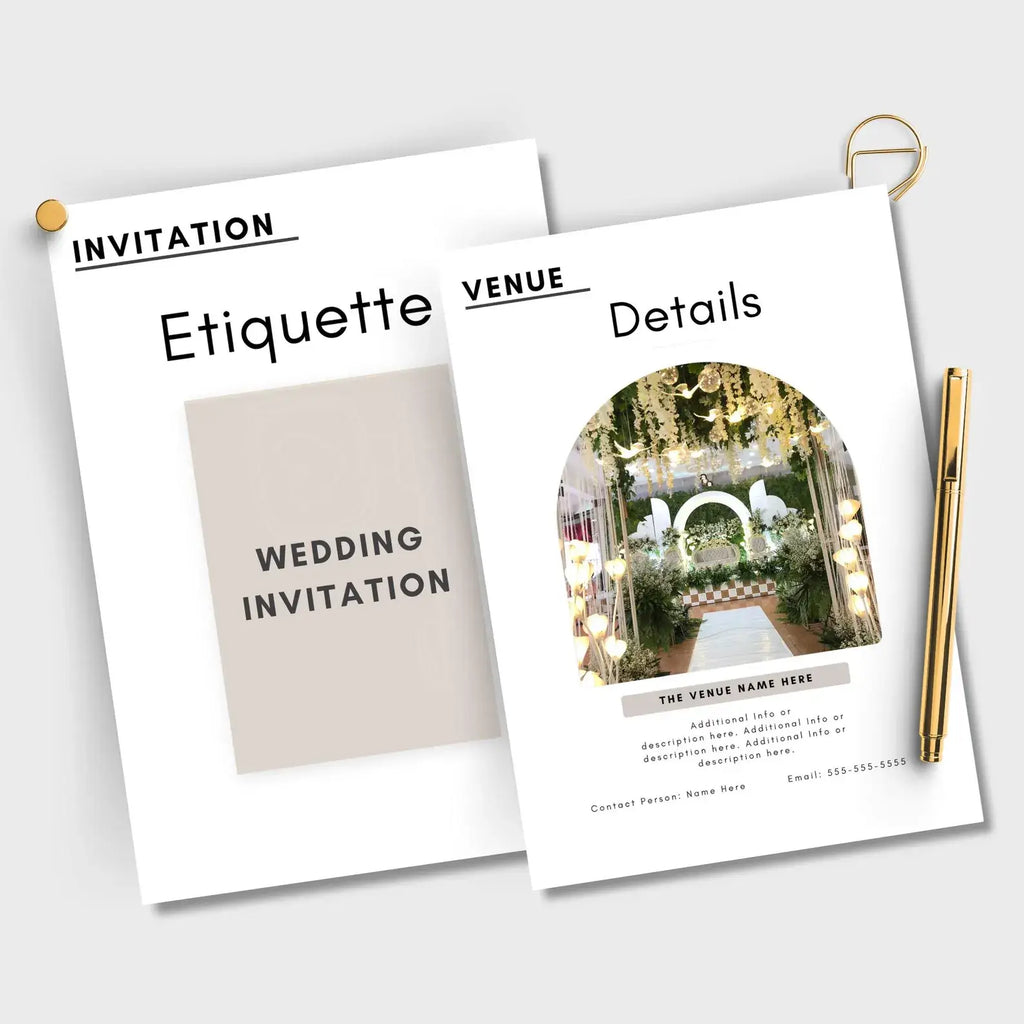 ARTYSIA - Wedding Planner invitation design showcasing etiquette and venue details for a wedding celebration.