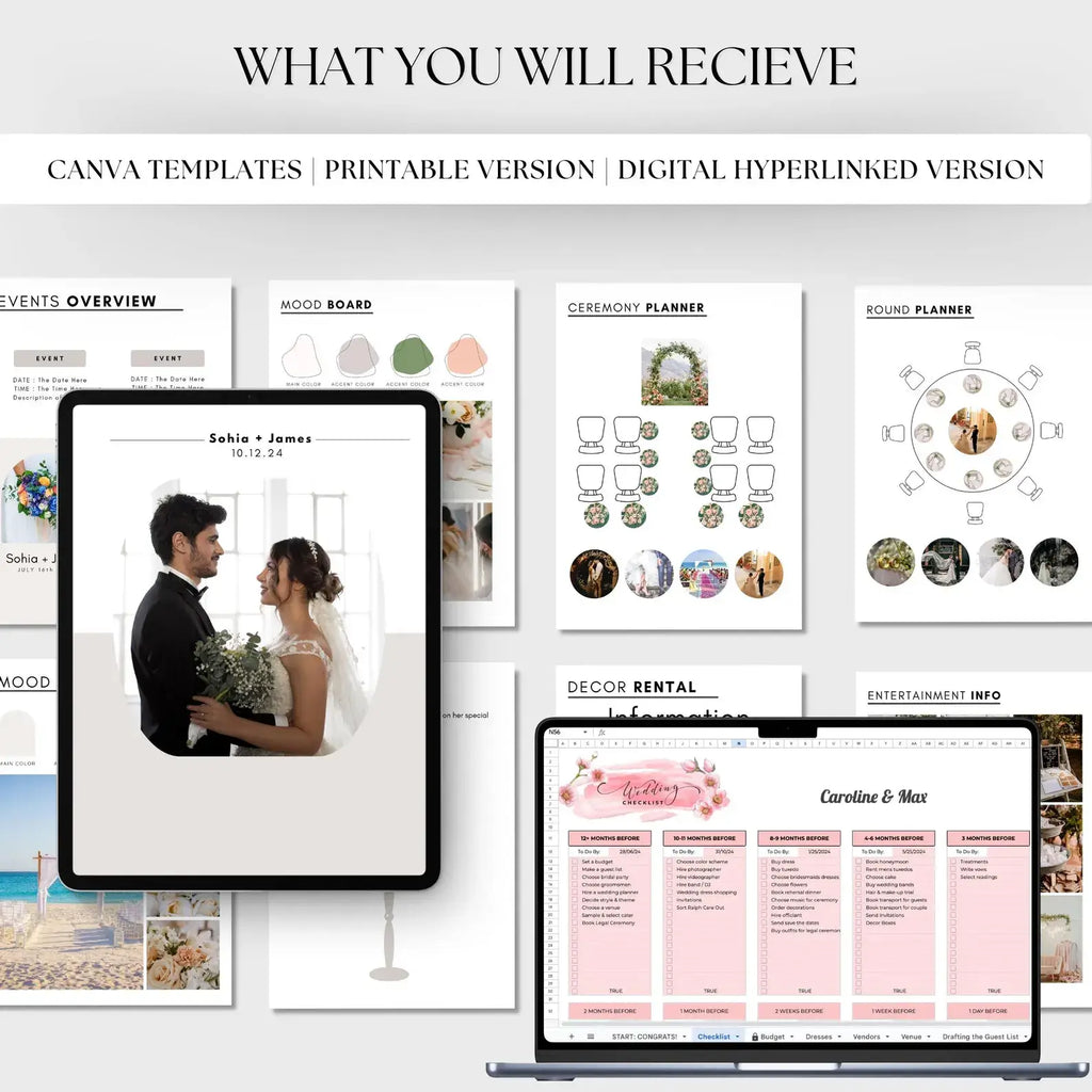 ARTYSIA - Wedding Planner with Canva templates, printable version, and digital hyperlinked version for stress-free planning.