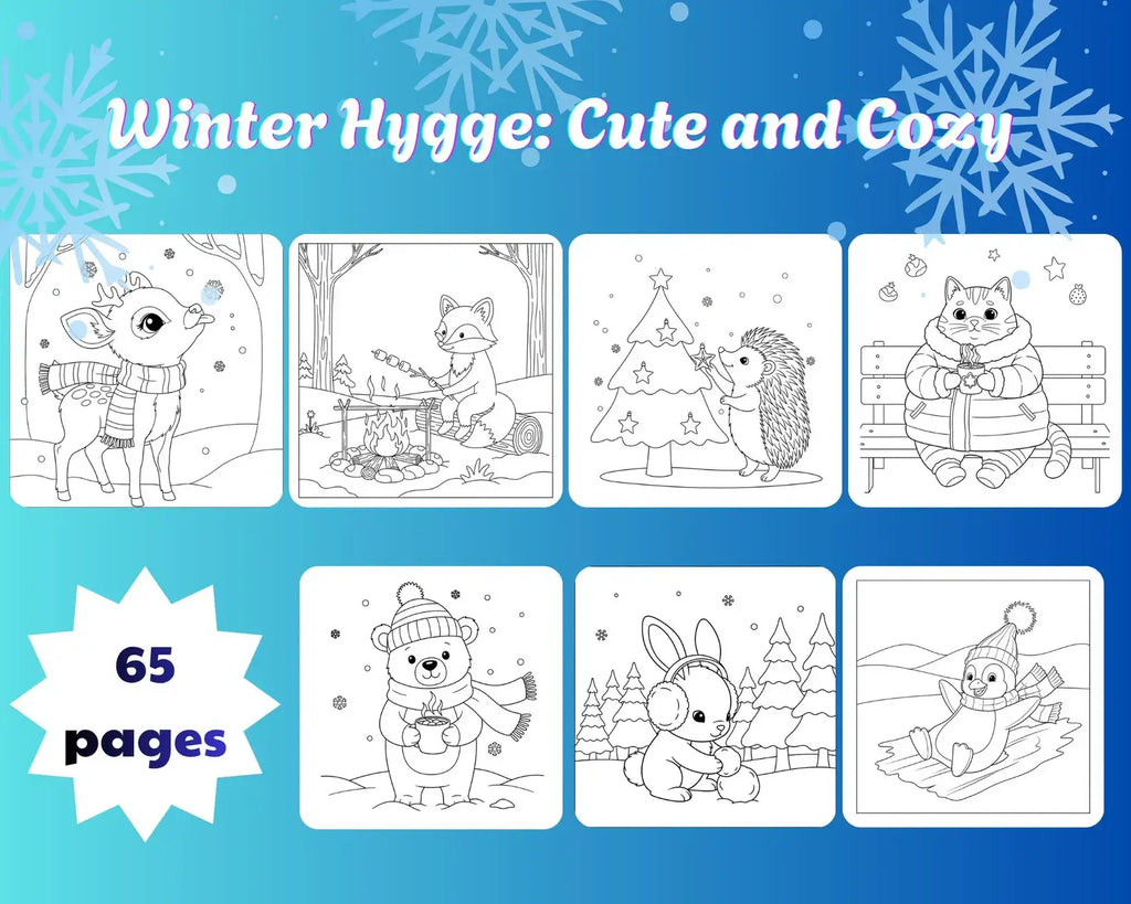 Winter Hygge Libro da Colorare featuring cute and cozy winter illustrations with 65 pages.