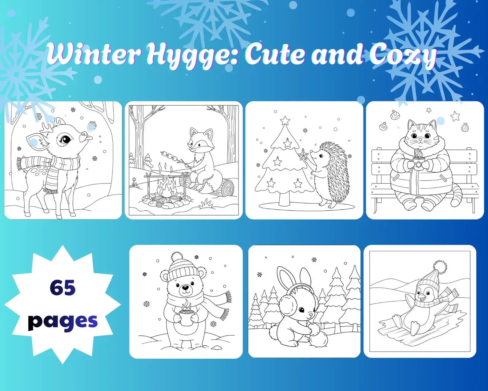Winter Hygge Libro da Colorare featuring cute and cozy winter illustrations with 65 pages.