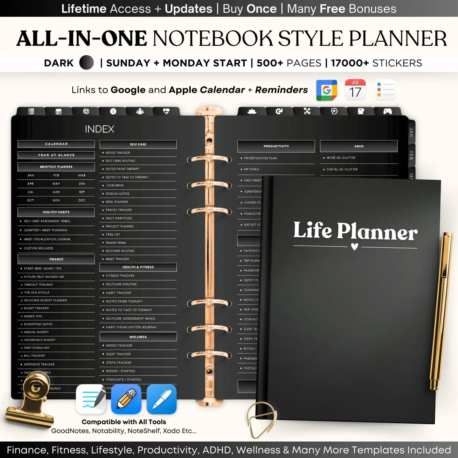 ARTYSIA - Life Planner Black edition features a dark, notebook style planner with numerous pages and stickers for organization.
