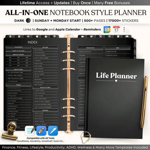 ARTYSIA - Life Planner Black edition features a dark, notebook style planner with numerous pages and stickers for organization.